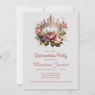 Quinceañera Floral Pincess Crown 15th Birthday  Invitation