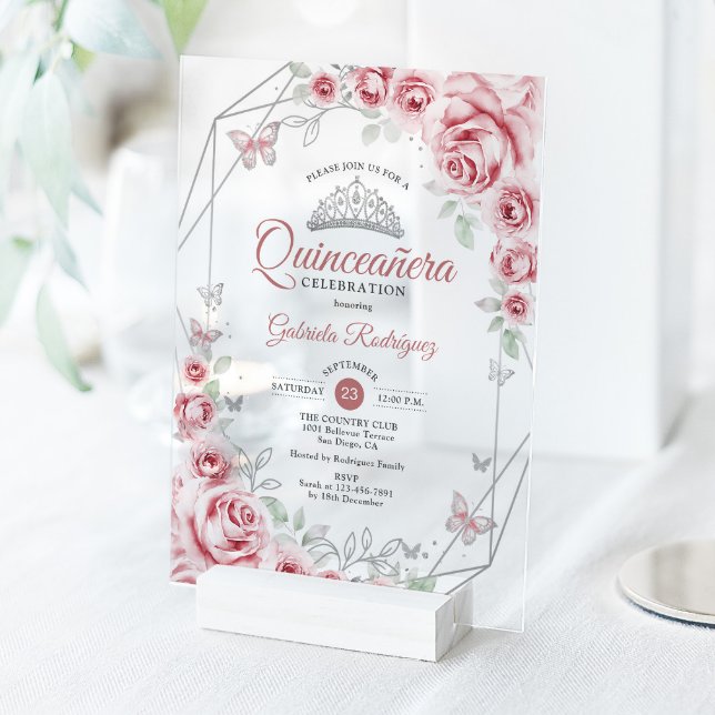 Quinceanera Floral Pink Silver Acrylic Invitations (Creator Uploaded)