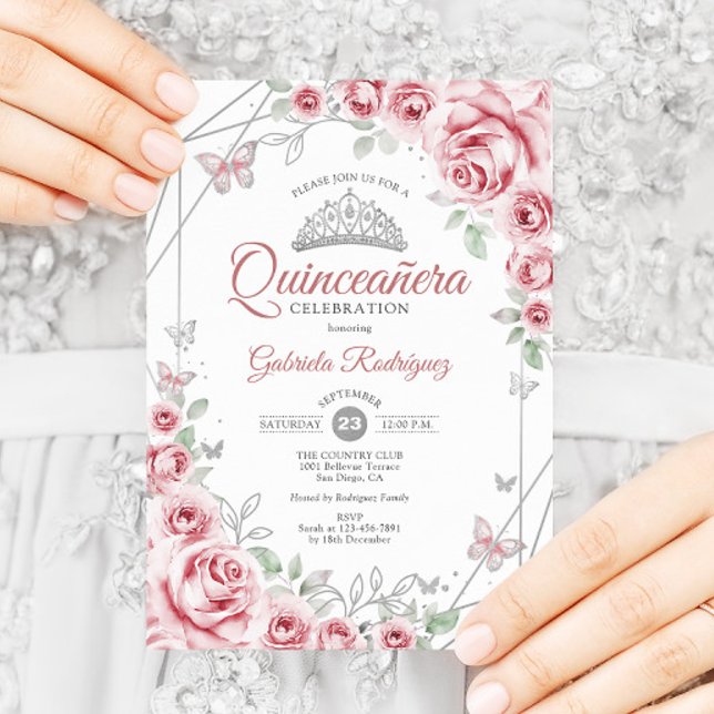 Quinceanera Floral Pink Silver Invitation (Creator Uploaded)