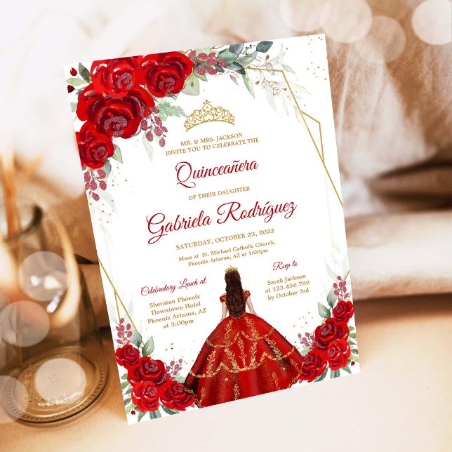 Quinceanera Floral Red Gold Invitation (Creator Uploaded)