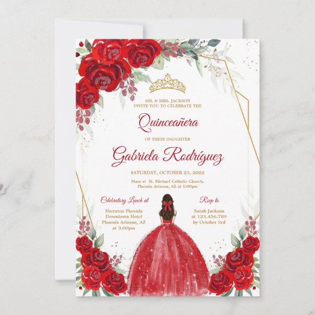 Quinceanera Floral Red Rose Gold Invitation (Front)