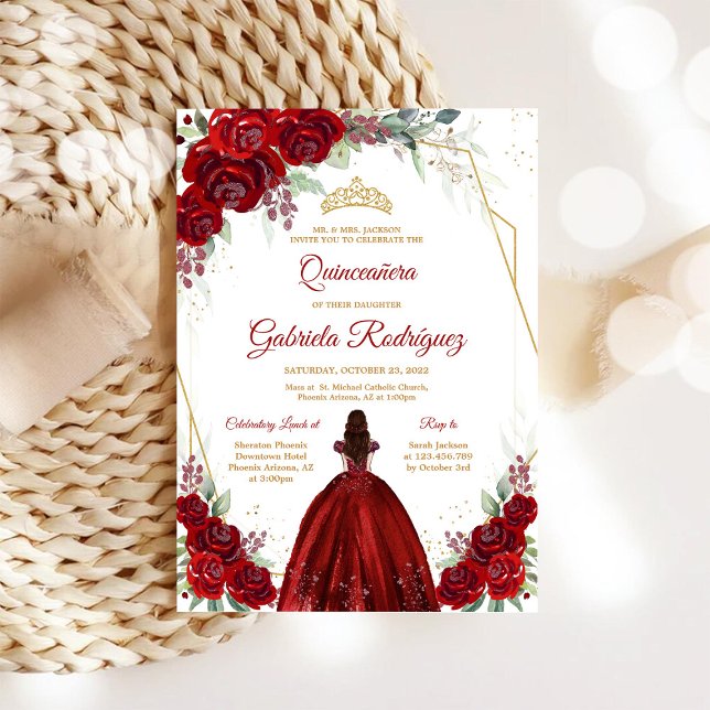 Quinceanera Floral Red Rose Gold Invitation (Creator Uploaded)