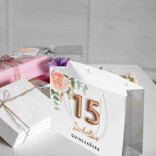 Quinceanera floral rose gold eucalyptus monogram large gift bag