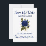 Quinceanera Floral Royal Blue Rose Save The Date<br><div class="desc">Save the Date Card for your Quinceanera celebration. This design has a rose corsage in royal blue and gold on a white background. Save the Date and Quinceanera are lettered in handwritten script, whilst your important date and name can be printed in uppercase typography. The back of the card has...</div>