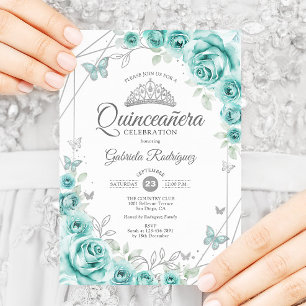 Quinceanera Floral Turquoise Silver Invitation