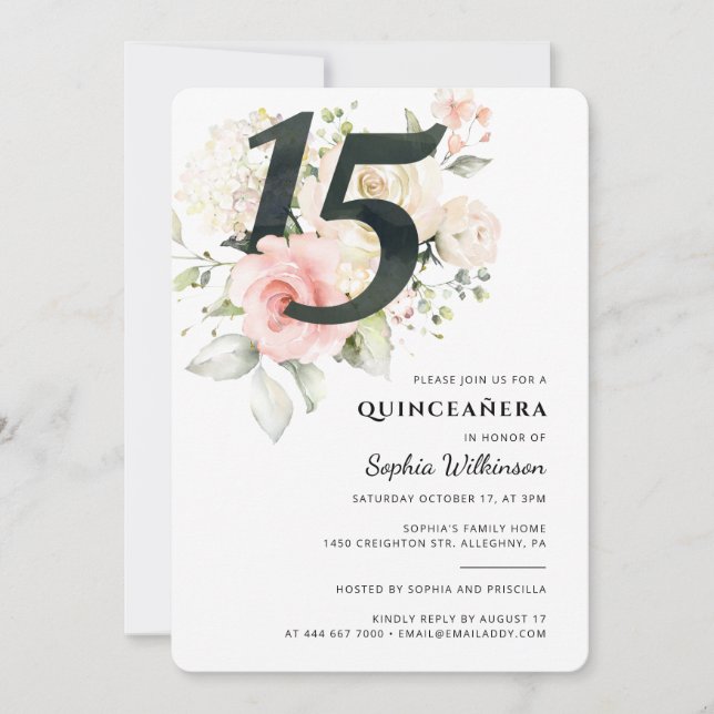 Quinceanera Floral Watercolor 15th Birthday Party  Invitation (Front)
