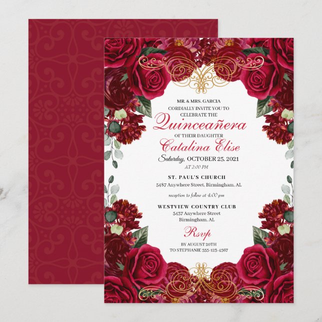 Quinceanera Florale Rouge & Or Invitation Annivers (Devant / Derrière)