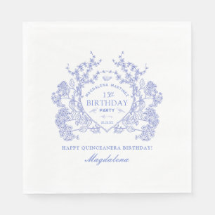 Quinceanera French Blue Floral Crest Custom Napkin