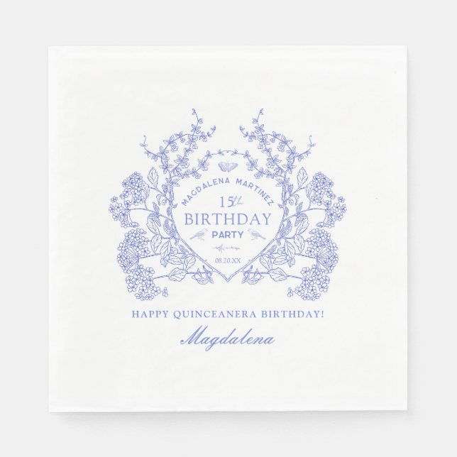 Quinceanera French Blue Floral Crest Custom Napkin (Front)