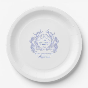 Quinceanera French Blue Floral Crest Custom Paper Plate