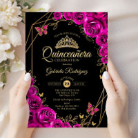 Quinceanera Fuchsia Pink Black Gold Floral