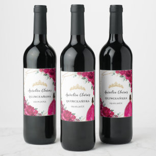 Quinceañera Fuchsia Pink Floral Princess Gown Gold Wine Label