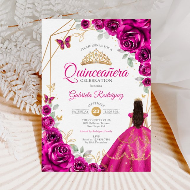 Quinceanera Fuchsia Pink Gold Dress Invitation (Creator Uploaded)