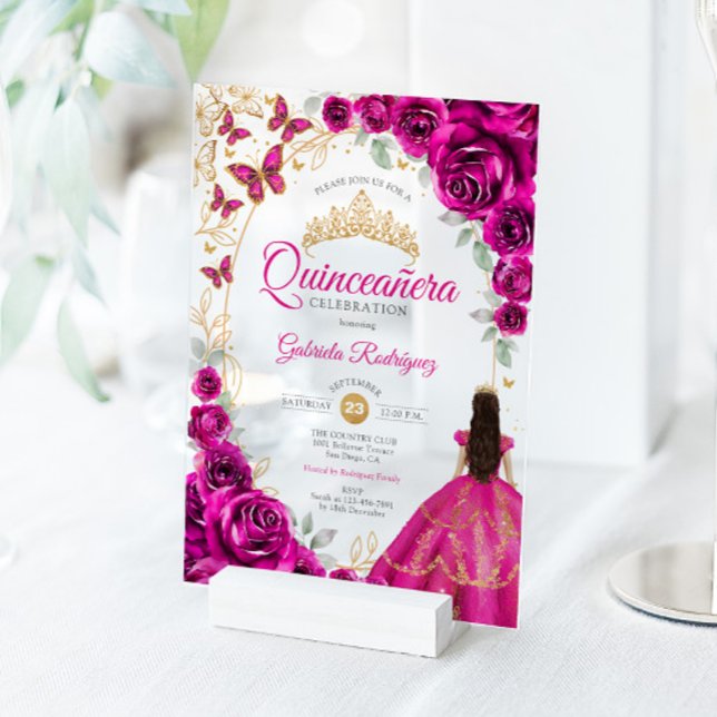 Quinceanera Fuchsia Pink Gold Floral Acrylic Invitations (Creator Uploaded)