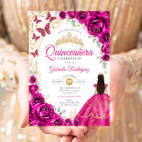 Quinceanera Fuchsia Pink Gold Floral