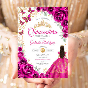Quinceanera Fuchsia Pink Gold Floral Invitation