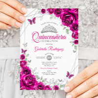 Quinceanera Fuchsia Pink Silver Floral