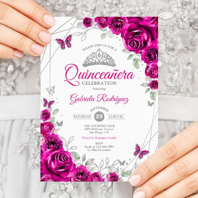 Quinceanera Fuchsia Pink Silver Floral Invitation (Creator Uploaded)