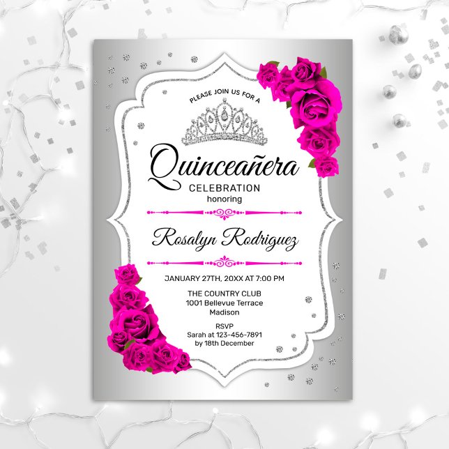 Quinceanera Fuchsia Pink Silver Invitation (Creator Uploaded)