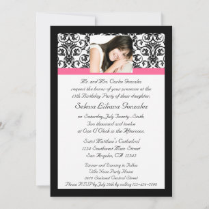 Quinceanera Fushcia Damask Pink and Black Invitation
