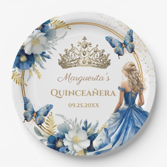 Quinceañera Girl Blue Floral Gold Tiara Butterfly Paper Plate (Front)