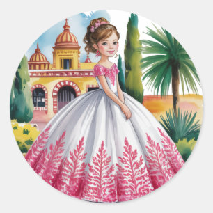Quinceañera Girl in Pink and White Gown  Classic Round Sticker