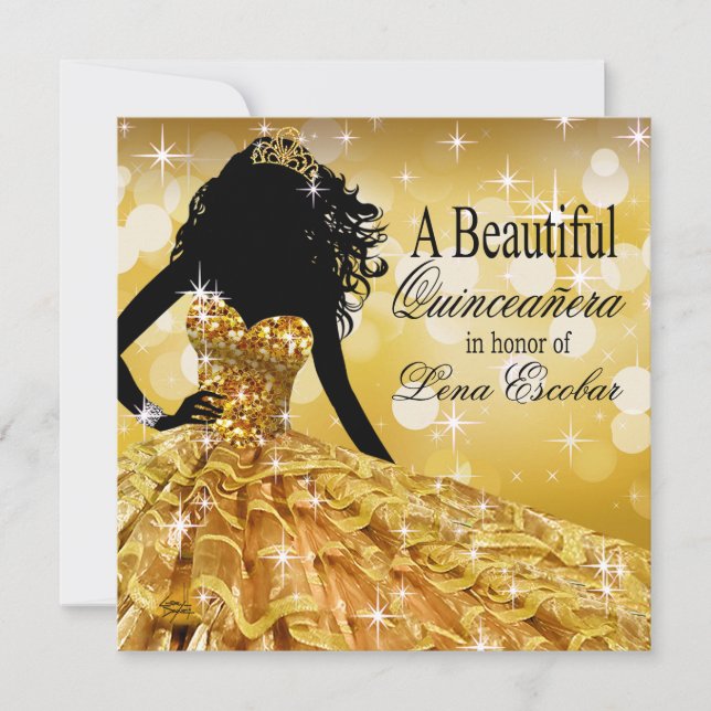 Quinceanera Glitter Ball Gown | gold Invitation (Front)