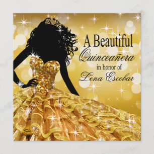 Quinceanera Glitter Ball Gown   gold Invitation