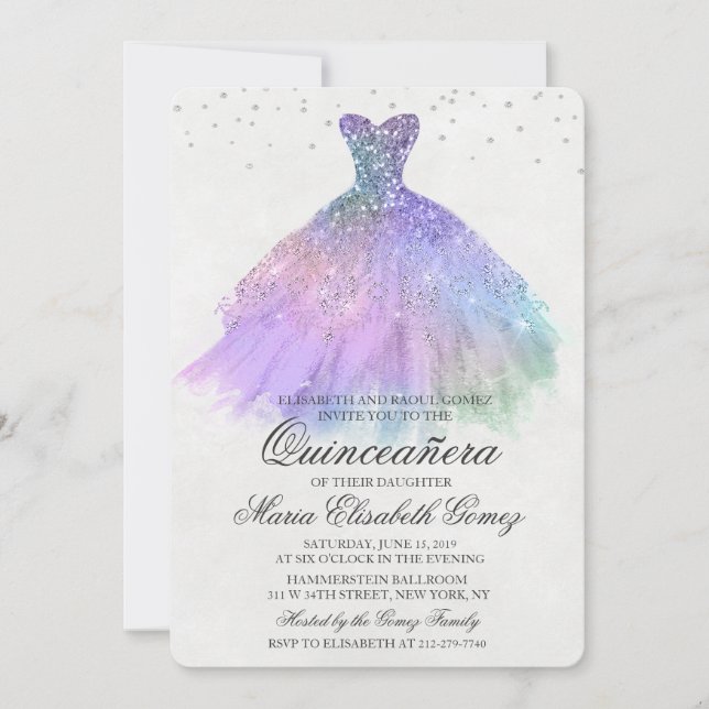 Quinceanera Glitter Dress Diamond Invitation (Front)