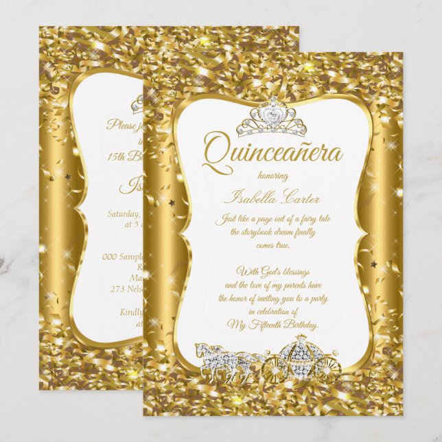 Quinceanera Glitter Fairytale Gold Carriage Party Invitation (Front/Back)