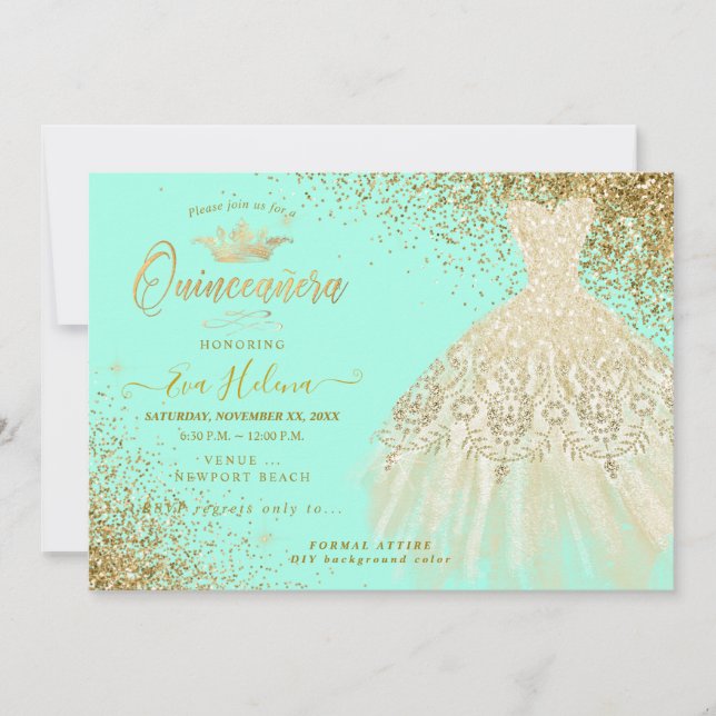 Quinceañera , Glitters Gown, Faux Gold+Mint Invitation (Front)