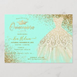 Quinceañera , Glitters Gown, Faux Gold+Mint Invitation