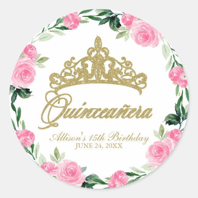 Quinceanera God Tiara Hot Pink Floral Classic Round Sticker (Front)