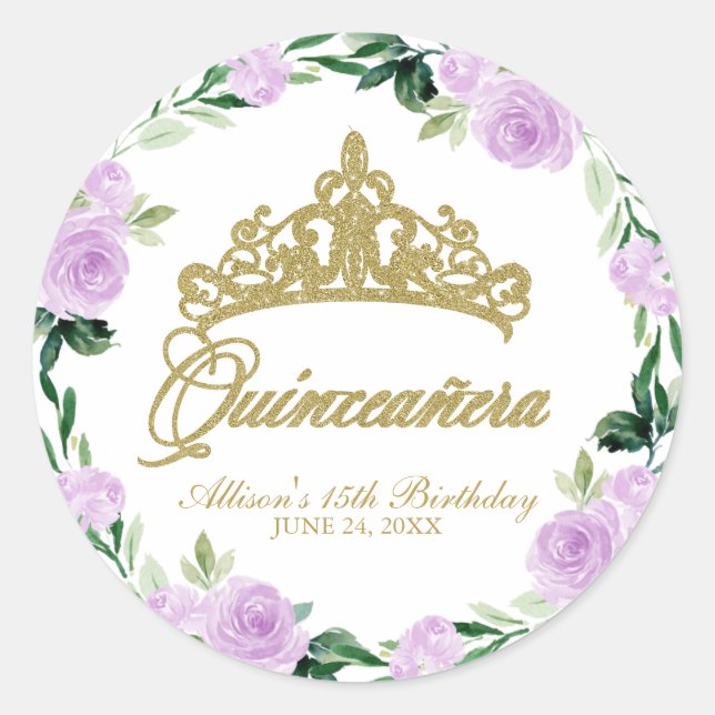 Quinceanera God Tiara Purple Lilac Floral  Classic Round Sticker (Front)