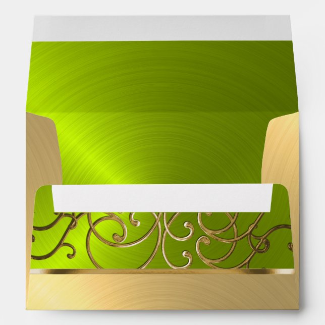 Quinceanera Gold and Lime Filigree Swirl Border Envelope (Back (Bottom))