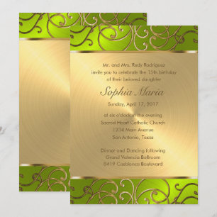 Quinceanera Gold and Lime Filigree Swirl Border Invitation