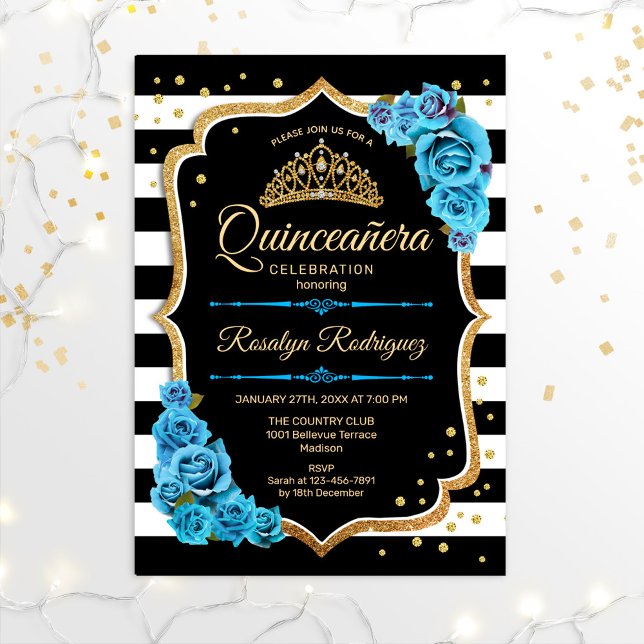 Quinceanera - Gold Black Blue Invitation (Creator Uploaded)