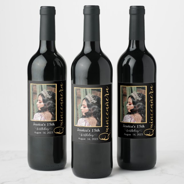 Quinceanera Gold Black Photo Elegant Étiquette Vin (Bouteilles)