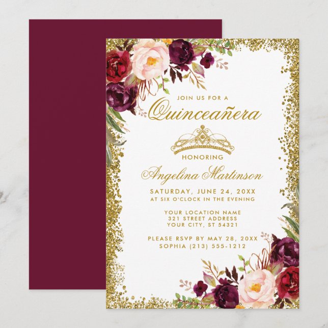 Quinceanera Gold Bourgogne Invitation Floral de la (Devant / Derrière)