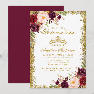 Quinceanera Gold Burgundy Floral Crown Invite B