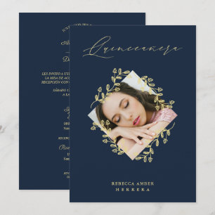 Quinceañera Gold Diamond Wildflower Navy Photo Invitation