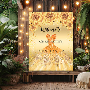 Quinceanera gold dress roses party welcome poster