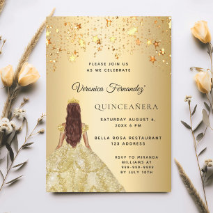 Quinceanera gold dress stars invitation