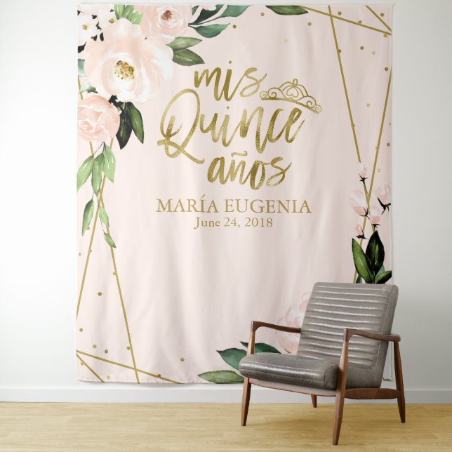 Quinceanera Gold Foil Blush Pink Floral Backdrop Tapestry (In Situ)