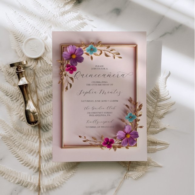 Quinceañera Gold Frame Floral 15th Birthday Invitation (Creator Uploaded)