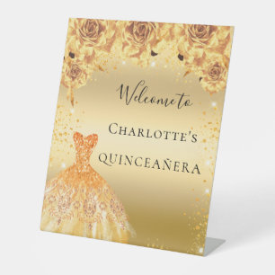 Quinceanera gold glitter dress florals welcome pedestal sign
