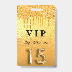 Quinceanera gold glitter drips badge