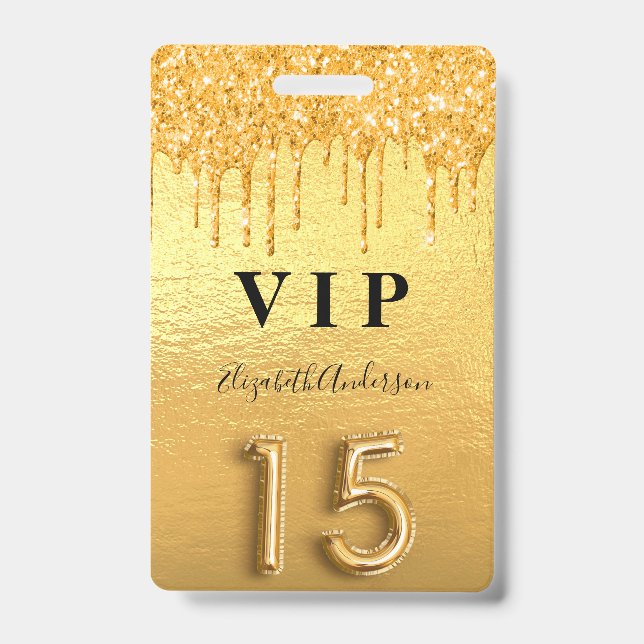 Quinceanera gold glitter drips badge (Front)