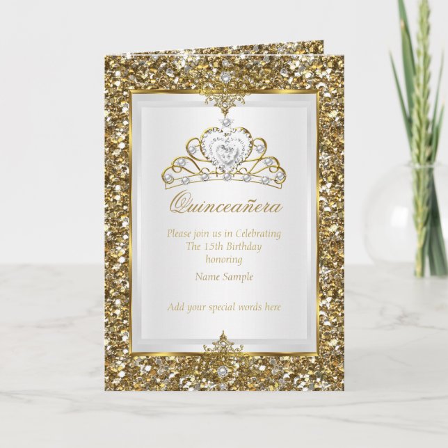 Quinceanera Gold Glitter White Pearl Tiara Photo Invitation (Front)