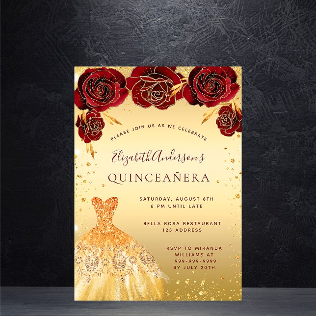 Quinceanera gold red glitter dress florals invitation postcard (Creator Uploaded)